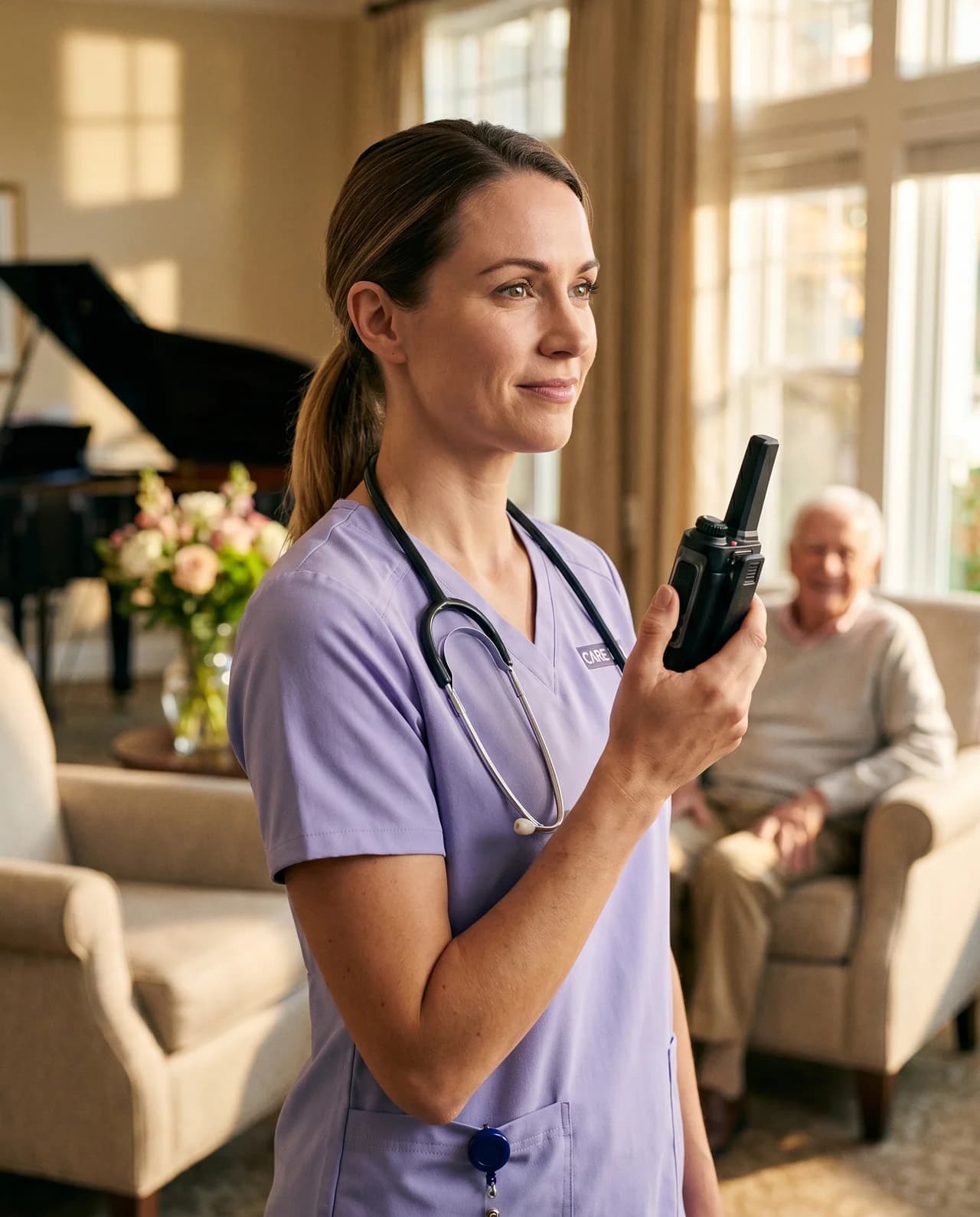 Operator using Elite2Way cellular push-to-talk radio in a assisted living environment
